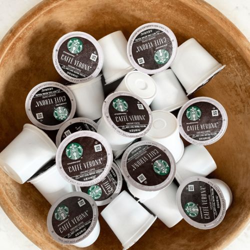 starbucks french roast kcups in wood bowl