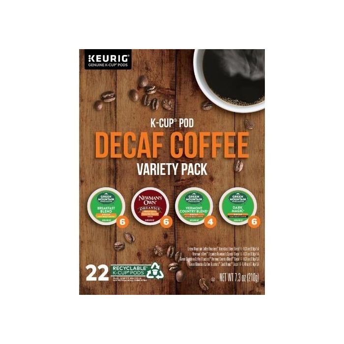 variety pack of decaf k-cup coffee box front